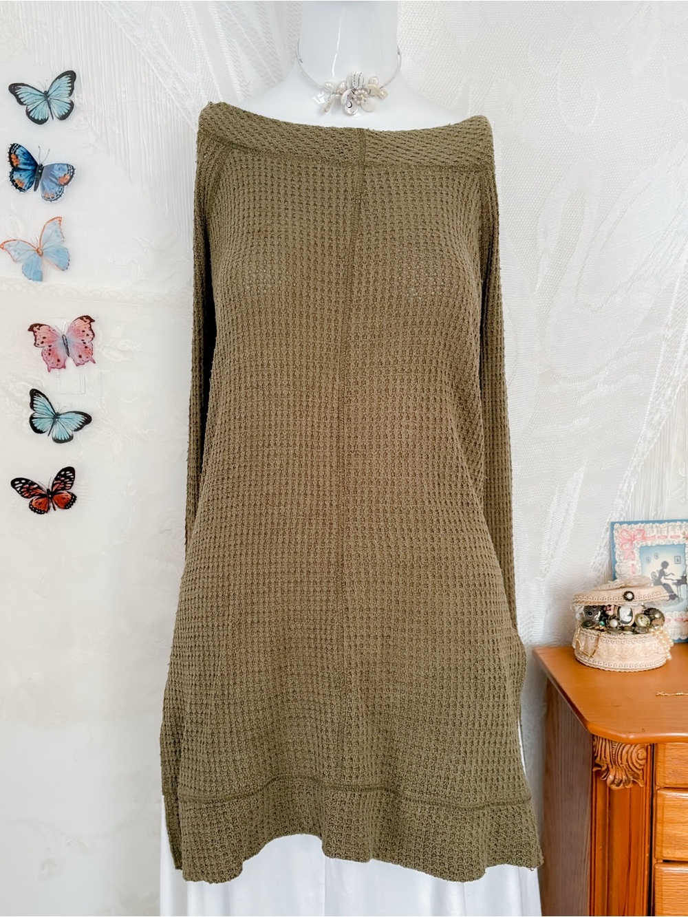 Boho comfy casual girly thermal waffle long sleeve tunic olive green top